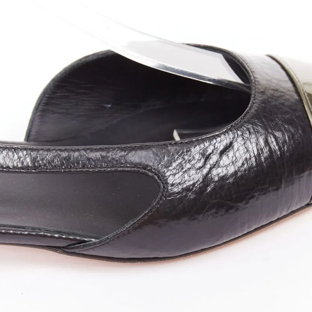 Chanel two tone gunmetal cap toe black leather flats